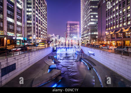 Seoul, South Korea cityscape at Cheonggye Stream. Stock Photo