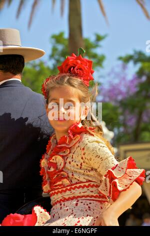 Girl in Traditional Spanish Costume, Annual Horse Fair, Jerez de la Frontera, Cadiz Province, Andalusia, Spain Stock Photo