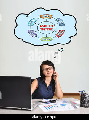 happy businesswoman sitting in office and scheme website Stock Photo