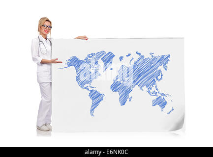 young female doctor holding poster with drawing world map Stock Photo