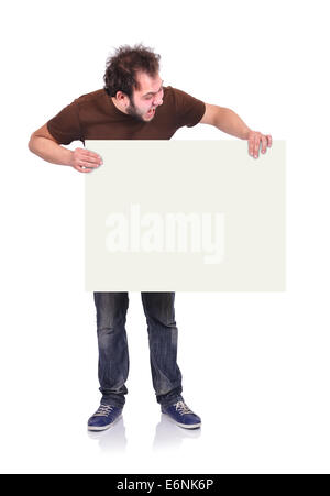 crazy man holding blank signboard Stock Photo