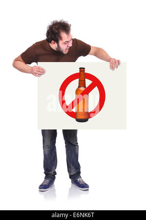 crazy man holding signboard with stop alcohol symbol Stock Photo