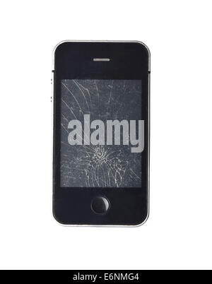 Mobile smartphone with broken screen isolated on white. Stock Photo