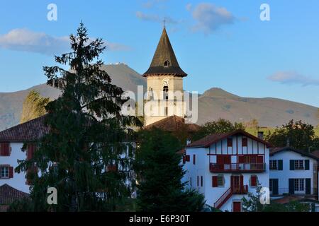 France, Atlantic-Pyrenees(64), Basque country, village of Ainhoa with the Rhune mountain in the background Stock Photo