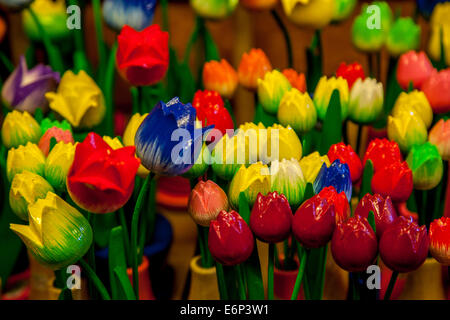 Colourful Wooden Flowers For Sale, Zaanse Schans, Amsterdam, Holland Stock Photo