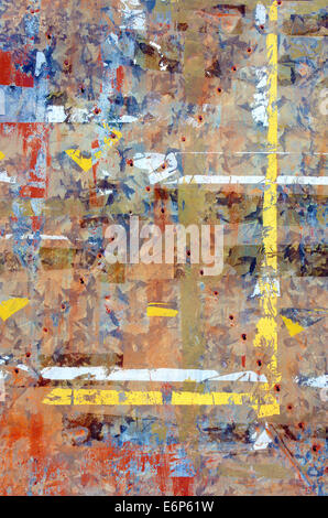 Background of messy and colorful remains of torn paper and glued tape Stock Photo