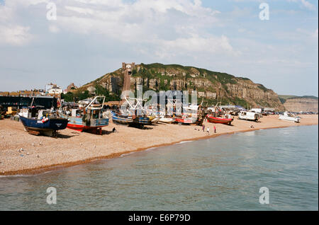 Fishing boats on the beach at the Stade, Hastings, East Sussex, UK Stock Photo