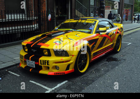 London, UK, 28 August 2014, Customised Kuwaiti cars in London streets. Ford Mustang Credit:  JOHNNY ARMSTEAD/Alamy Live News Stock Photo