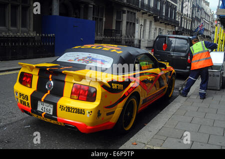 London, UK, 28 August 2014, Customised Kuwaiti cars in London streets. Ford Mustang Credit:  JOHNNY ARMSTEAD/Alamy Live News Stock Photo