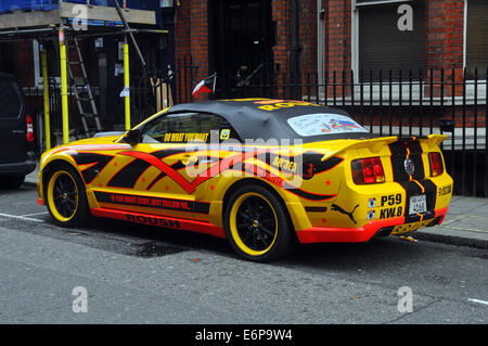 London, UK, 28 August 2014, Customised Kuwaiti cars in London streets. Ford Mustang Credit:  JOHNNY ARMSTEAD/Alamy Live News Stock Photo