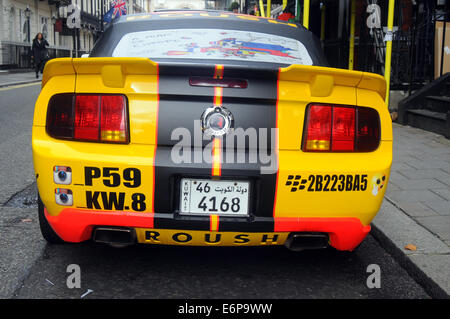 London, UK, 28 August 2014, Customised Kuwaiti cars in London streets. Ford Mustang Credit:  JOHNNY ARMSTEAD/Alamy Live News Stock Photo