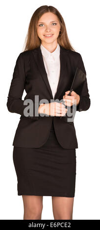 Business woman holding a paper holder and pen Stock Photo - Alamy