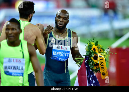 Zurich, Switzerland. 28th Aug, 2014. Victory for LaShawn Merritt (USA) at the 400m race at the IAAF Diamond League athletics meeting in Zurich. Credit:  Erik Tham/Alamy Live News Stock Photo