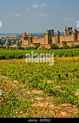 The old walled city of Carcassonne in the Aude Region is one of South West France's tourist destinations. Stock Photo