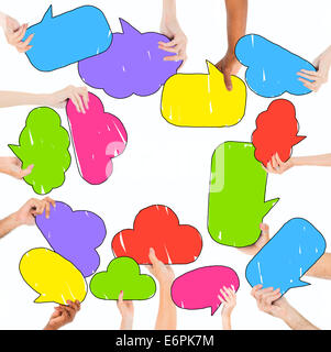 Multiethnic Group of People and Colorful Speech Bubbles Stock Photo