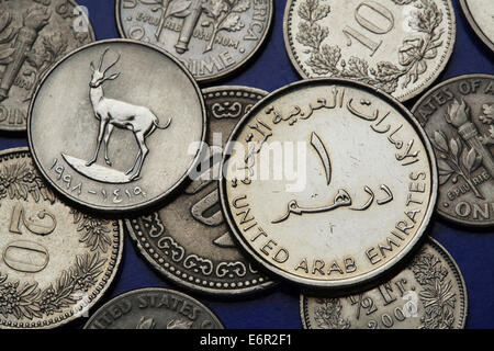 Coins of the United Arab Emirates. Sand Gazelle (Gazella subgutturosa marica) depicted in the UAE dirham coin. Stock Photo