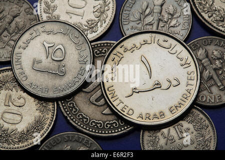 Coins of the United Arab Emirates. UAE one dirham and twenty five fils coins. Stock Photo