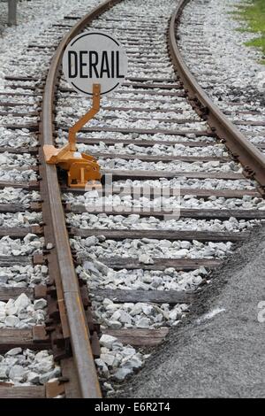 Railroad warning sign reading derail. Stock Photo