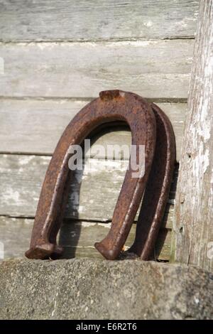 Weathered pair of horseshoes leaning against wooden backdrop. Stock Photo
