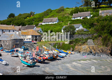 Colourful fishing boats hauled up on the beach at Cadgwith Cove on the Lizard Peninsula Cornwall England UK Stock Photo