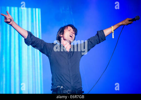 Singer Brett Anderson of Suede, headlining the Bazant Pohoda festival, Trencin, Slovakia, July 12, 2014 Stock Photo