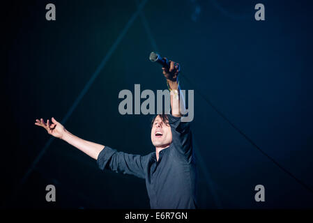 Singer Brett Anderson of Suede, headlining the Bazant Pohoda festival, Trencin, Slovakia, July 12, 2014 Stock Photo