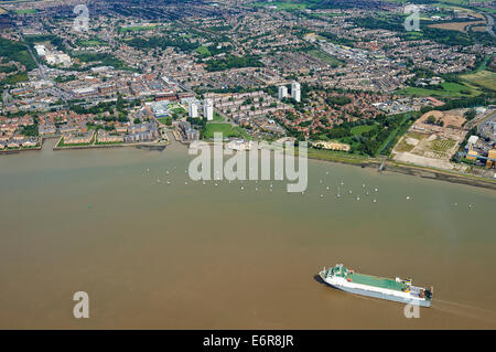 Grays Essex, from the air, with the River Thames, Essex, South East England, car transporter ship sailing up river Stock Photo