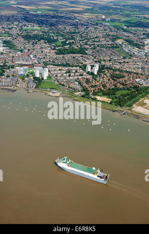 Grays Essex, from the air, with the River Thames, Essex, South East England, car transporter ship sailing up river Stock Photo