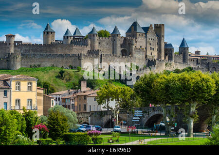 The medieval fortified city with Chateau Comtal, Carcassonne, Languedoc-Roussillon, France Stock Photo