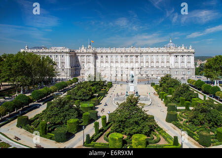 Top view over Plaza de Oriente square with Palacio Real or Royal Palace behind, Madrid, Comunidad de Madrid, Spain Stock Photo