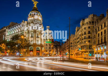Night view of Gran Via street and Metropolis Building, Madrid, Comunidad de Madrid, Spain Stock Photo