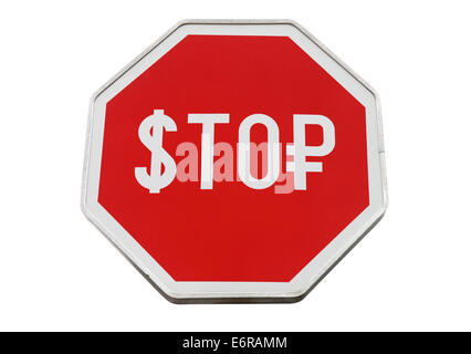 Finance concept with USD and Russian money as a stop road sign isolated on white Stock Photo