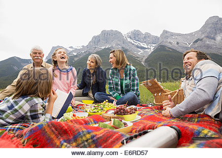 Family having picnic in rural field