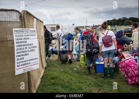 Stow Maries, UK. 29th August 2014. A warning sign about prohibited items at the Brownstock festival. The Brownstock Festival celebrates it's 10th anniversary. Credit:  Gordon Scammell/Alamy Live News Stock Photo