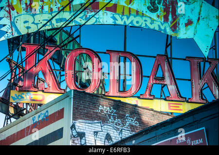 Decaying rooftop signage above the 'Kodak Building,' an Atlanta, Georgia landmark on Ponce de Leon Avenue. USA. Stock Photo