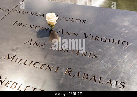 Names of September 11 2001 victims, National September 11 Memorial, World Trade Center, Manhattan, New York City, New York, USA Stock Photo