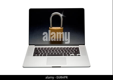 Internet security lock on a laptop computer monitor, isolated on white background Stock Photo