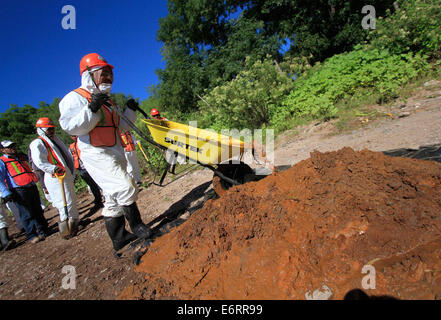 (140830) -- SONORA, Aug. 30, 2014 (Xinhua) -- Image taken on Aug. 28, 2014, shows employees performing cleaning works after a toxic spill in the Sonora River, in Sonora, Mexico. According to the Federal Government, on Aug. 6, 2014, the largest environmental disaster in the mining industry in Mexico was recorded, when 40,000 cubic meters of copper sulfate were spilled into a damm of the miner property of Grupo Mexico, contaminating parts of the Tinajas creek, the Bacanuchi River and the Sonora River. According to a dictum of the Federal Government, the spill occured due to the failure of a moor Stock Photo