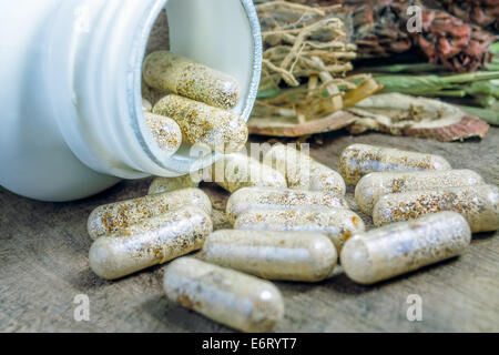 Alternative traditional chinese herbal medicine on capsule lying on wooden table with some herb on background Stock Photo
