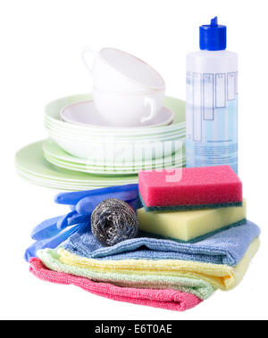 sponges, towels and dishwashing detergent isolated on white background Stock Photo