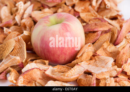 Dried apples scattered on a napkin and a fresh apple Stock Photo
