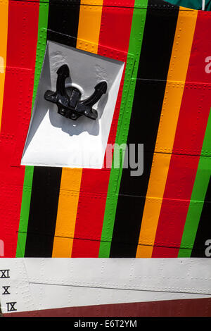 Plimsoll line Roman numeral markings on Liverpool pilot cutter 1953 Edmund Gardner transformed by camouflaged wartime red, black,‘razzle dazzle ’ UK Stock Photo
