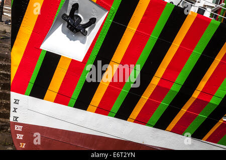 Plimsoll line Roman numeral markings on Liverpool pilot cutter 1953 Edmund Gardner transformed by camouflaged wartime red, black,‘razzle dazzle’ . UK Stock Photo
