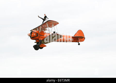 AeroSuperBatics Wingwalkers present the Breitling Wingwalkers Display Team performing at the Shoreham Airshow 2014. 30th August 2014 Stock Photo