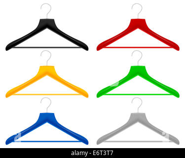 Plastic color hangers on a white background. Stock Photo