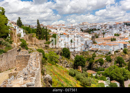 Old city walls overlooking the fields, Ronda, Malaga province, Andalusia, Spain, Europe. Stock Photo