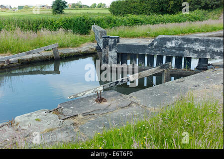 Old style pull up wooden lock paddles on Rufford Branch of Leeds Liverpool Canal Stock Photo