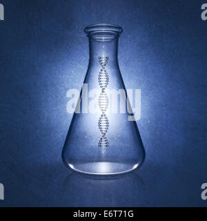 Dna double helix molecule in laboratory flask on blue background , Genetics , detailed illustration Stock Photo