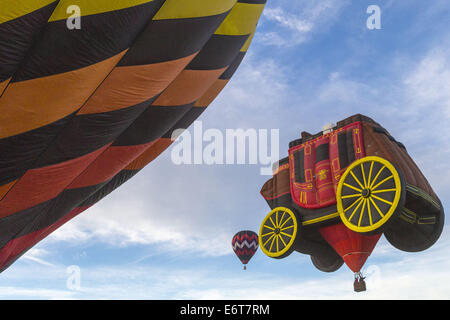 Ripon, California, USA. 30th Aug, 2014. August 30, 2014.A favorite of the Albuquerque International Balloon Fiesta, the Wells Fargo's Center Stage balloon, joins other hot air balloons at the ninth annual Color The Skies Hot Air Balloon and Kite Festival in Ripon, California. Color The Skies is the largest hot air balloon festival in California's Central Valley. The event was founded in 2006 by Greg and Jessica Coleman to bring awareness and build financial support for the Children's Hospital Central California (CHCC) - the region's only children's hospital. The free event continues through Stock Photo