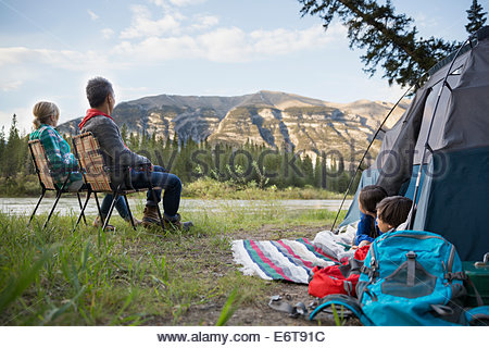 Family admiring view from campsite